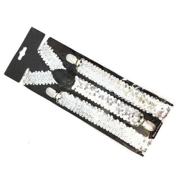 Suspenders Silver Sequin Y Stretch Clip On NWT NOS - Picture 1 of 11